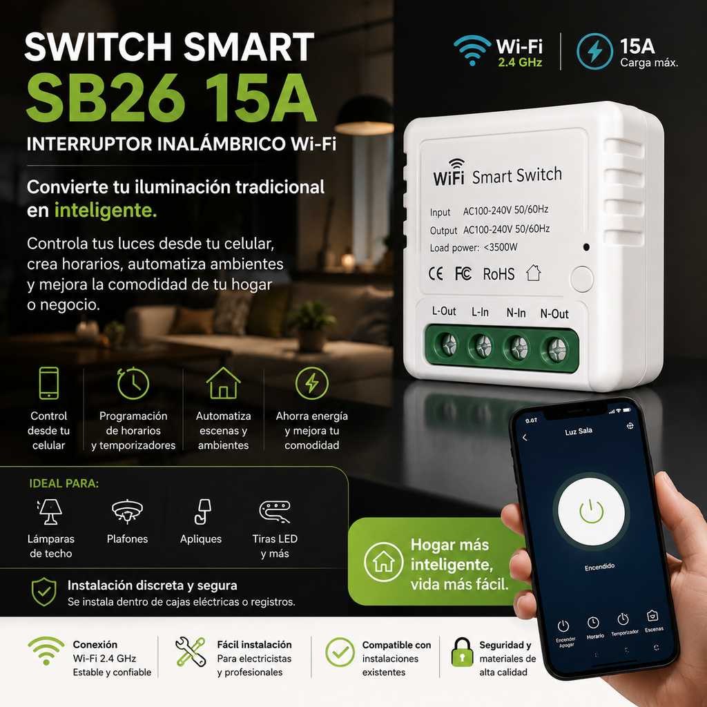 Switch Smart SB26 15A (Interruptor Inalámbrico) 100-240V 2.4 Ghz (3)
