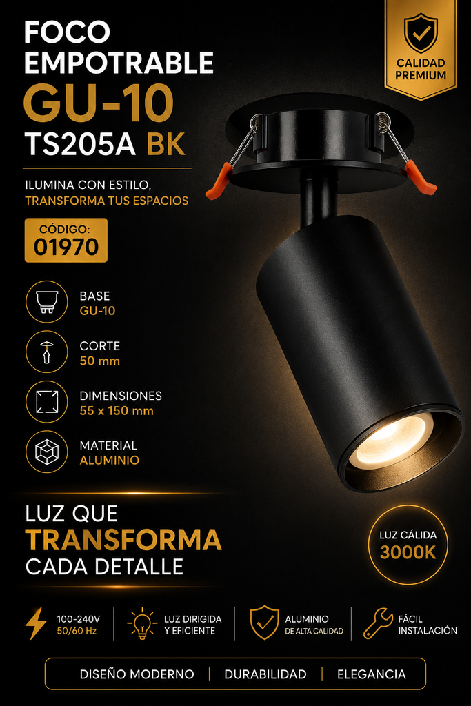 Foco Empotrable GU-10 TS205A BK Negro 55 x 150 mm (50 mm) Aluminio