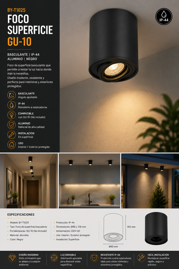 Foco Superficie GU-10 BY-T1025 Negro Basculante Negro ip-44 aluminio