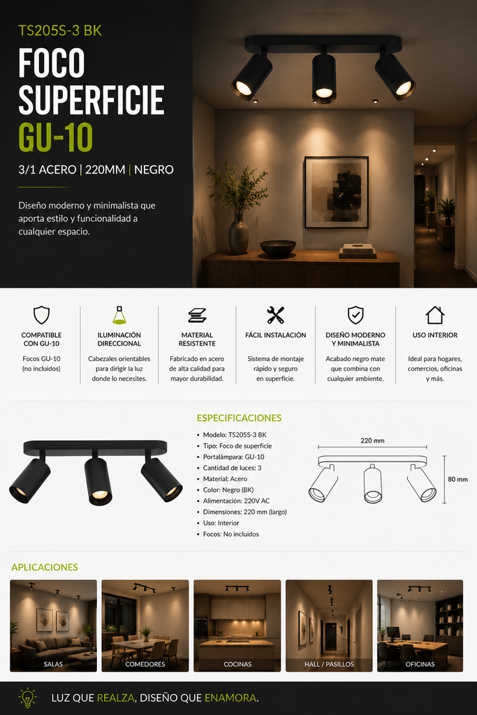 Foco Superficie GU-10 TS205S-3 BK Negro 3/1 Acero 220MM