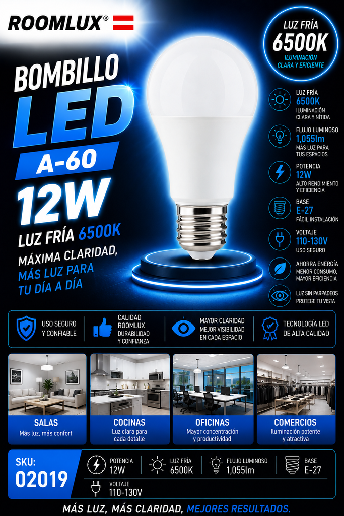 Bombillo 12W 6500K E-27 1,055lm A-60 110-13V B15580 ROOMLUX