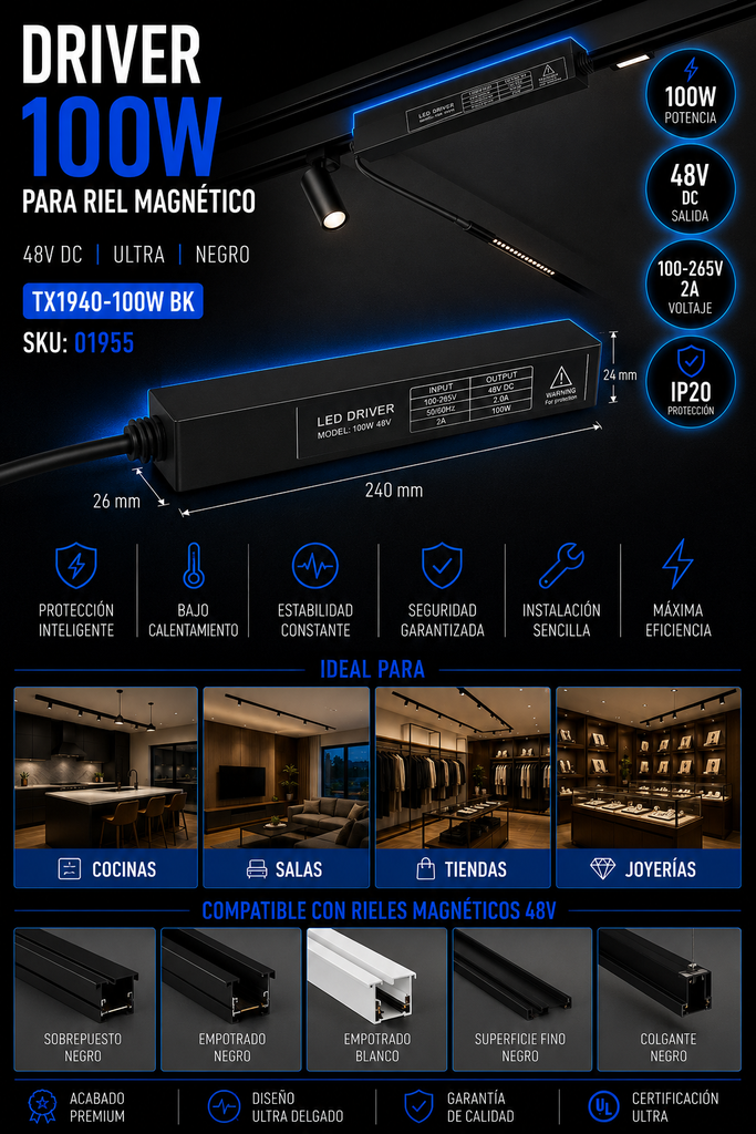 Driver 100w 48V TX1940-100W BK 100-265V 2A IP-20 de Riel Magnético 240*26*24 (Fuente)