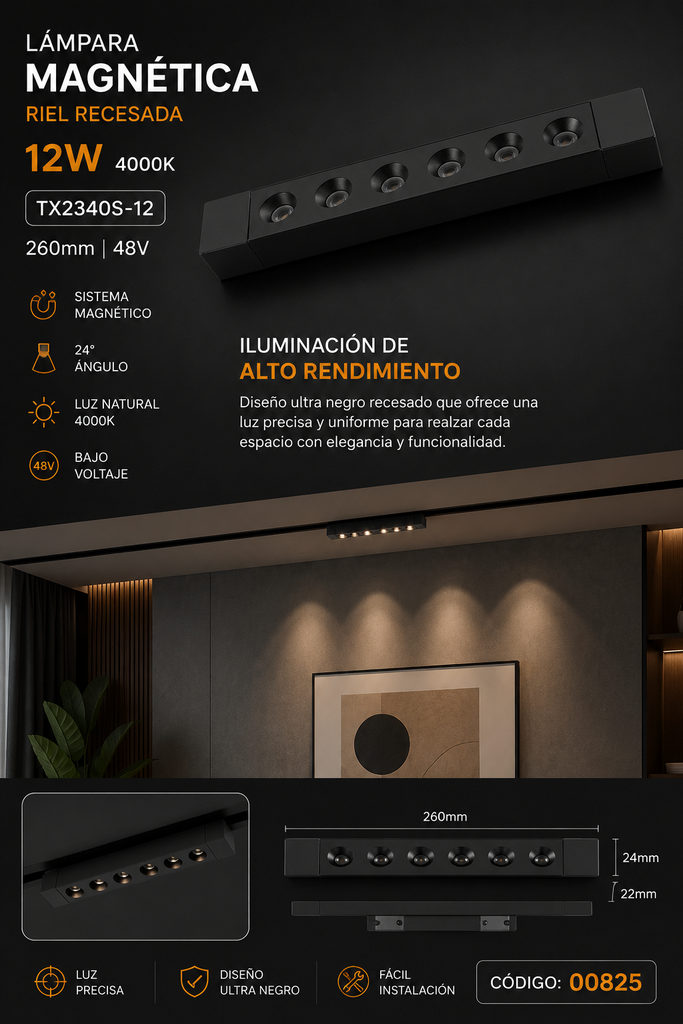 Lampara Magnética Riel 12W 4000K TX2340S-12 260mm 48v Recesada BK T2510 ULTRA NEGRO