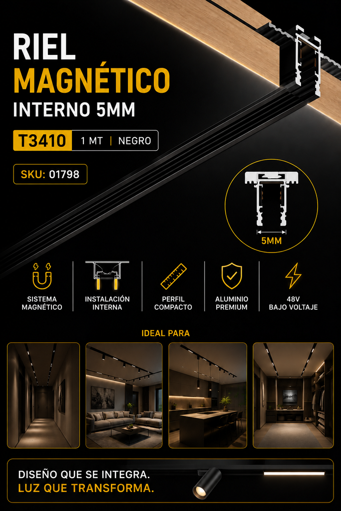 Riel Magnético Interno 5mm T3410 1 MT NEGRO 1000*28*20mm
