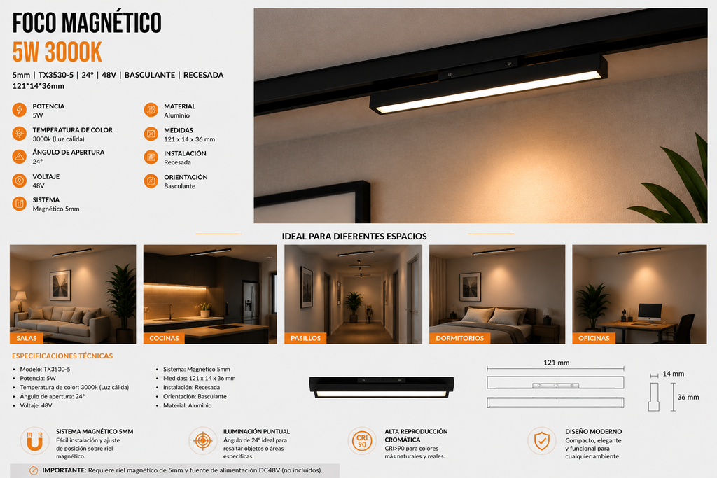 Foco Magnético 5w 3000k 5mm TX3530-5 121*14*36mm 24° 48v Basculante Recesada
