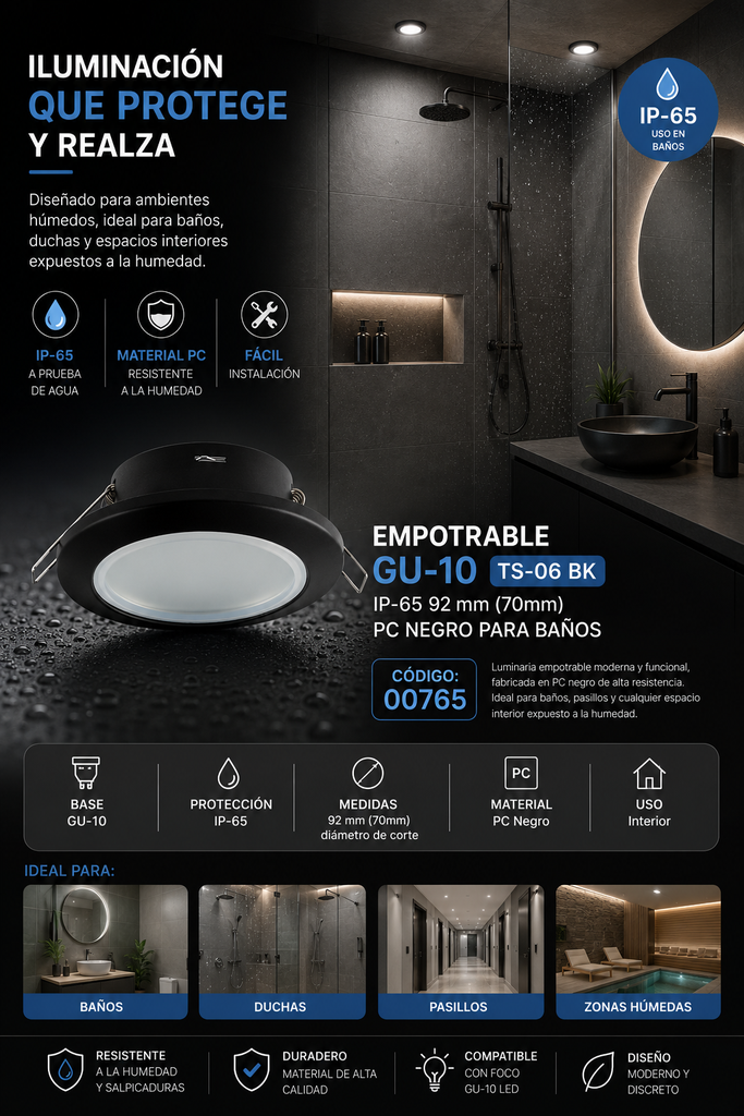Empotrable Gu-10 TS-06 BK IP-65 92 mm (70mm) PC Negro para Baños