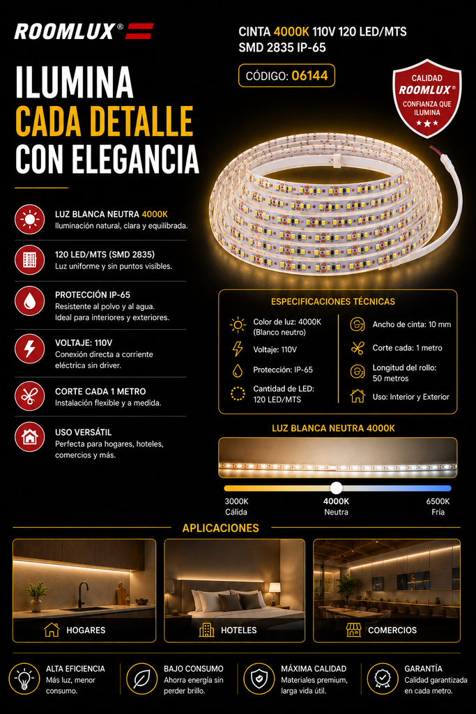 Cinta 4000K 110V 120 LED/MTS SMD 2835 IP-65 ROOMLUX B22301
