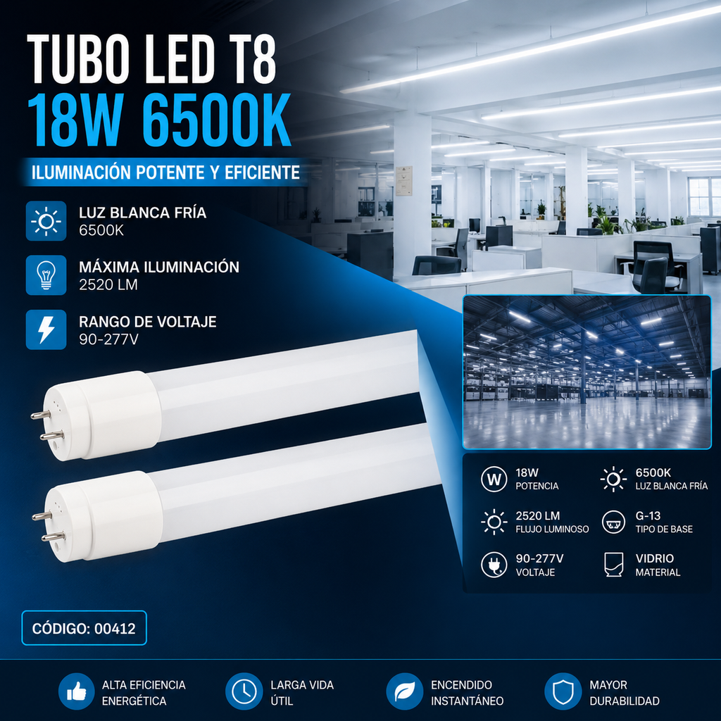 Tubo LED 18w 6500K Clear T8 G-13 B25515 90-277v 2520 lm Vidrio 140 LM/W ROOMLUX
