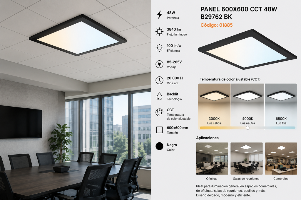 Panel 600X600 CCT 48W B29762 BK 85-265V 100/LM/W 3840 L/M Backlit Negro Roomlux 20000H