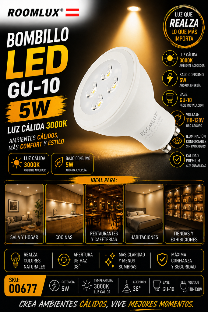 Bombillo 5W 3000k GU-10 B05520 110-130V ROOMLUX