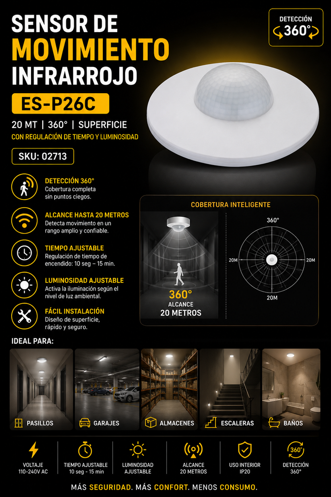 Sensor de Movimiento Infrarrojo ES-P26C 20 MT 360º Superficie con Regulación de Tiempo y Luminosidad