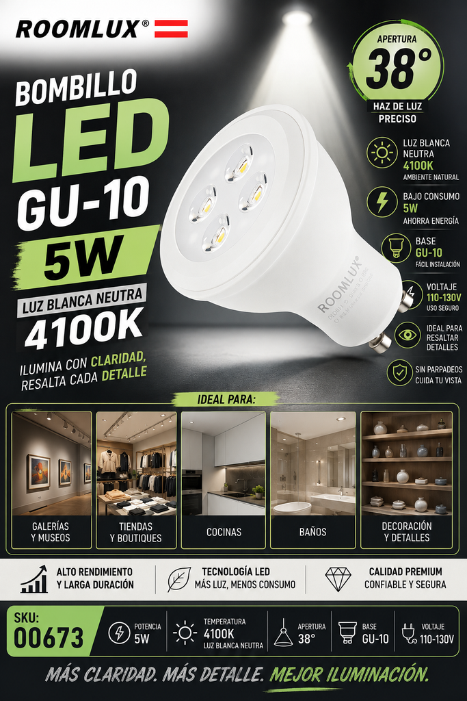 Bombillo 5W 4100k GU-10 B5520 38º 110-130V ROOMLUX