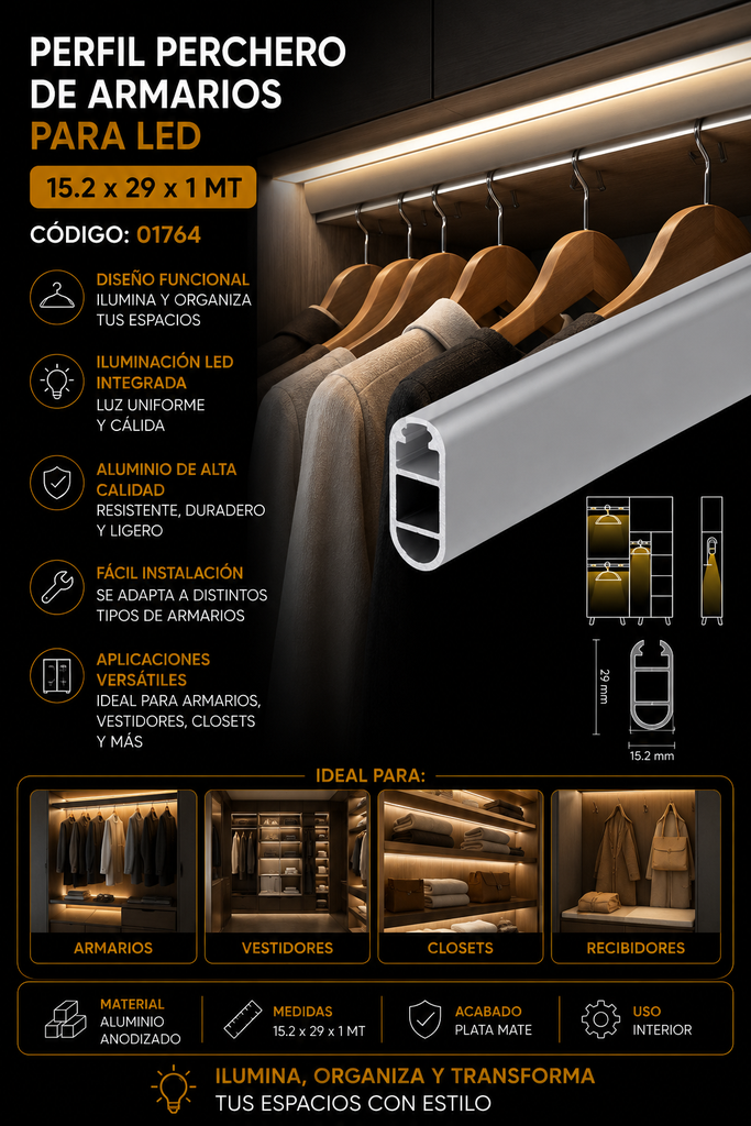 Perfil Perchero de Armarios para LED de 15.2 x 29 x 1 MT DS-W630