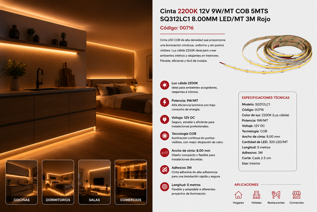 Cinta 2200K 12V 9W/MT COB 5MTS SQ312LC1 8.00MM LED/MT 3M Rojo