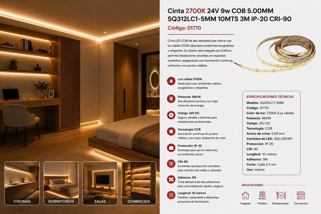 Cinta 2700K 24V 9w COB 5.00MM SQ312LC1-5MM 10MTS 3M IP-20 CRI-90