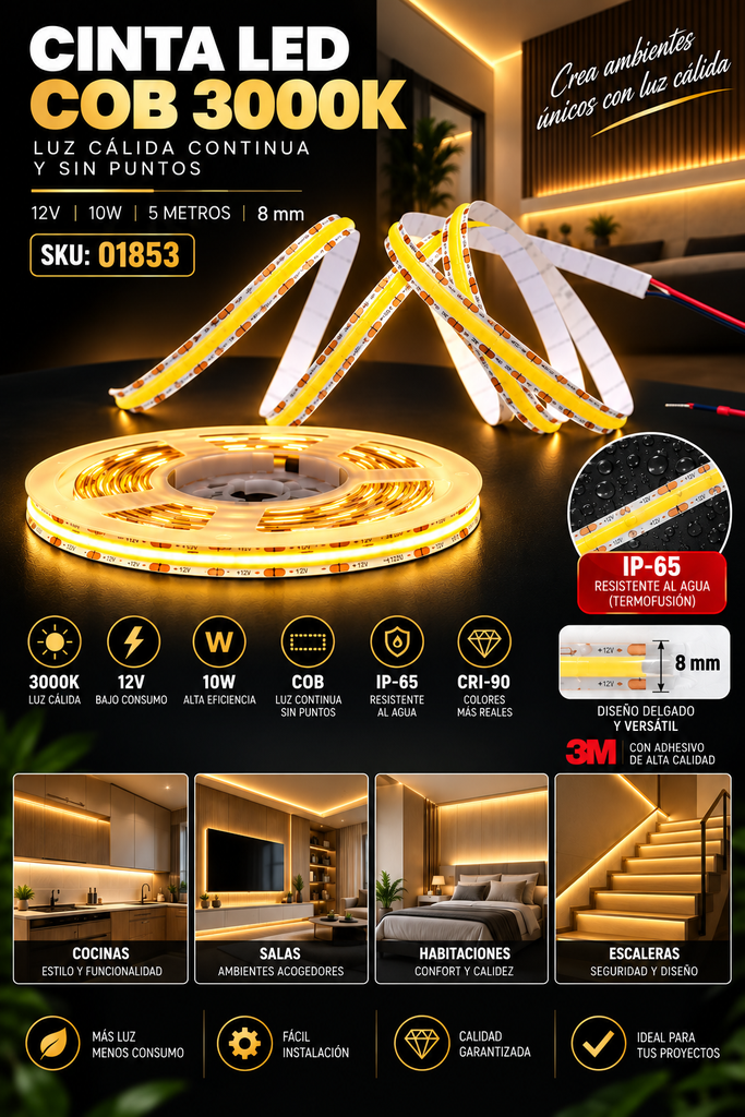 Cinta 3000K 12V 10w COB COB528108-SC 5mts 8 mm CRI-90 3M Rojo IP-65 Termofusión