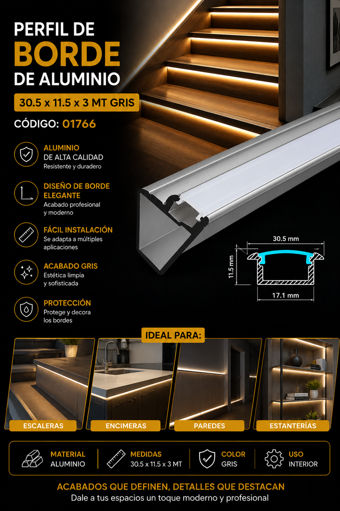 Perfil 30.5 x 11.5 x 3 MT Gris de Borde de Aluminio