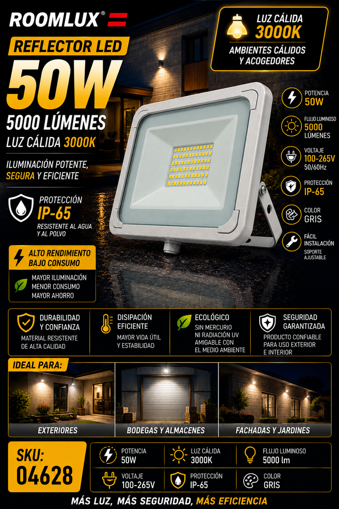 Reflector 50W 3000K 100-265V B43718 ROOMLUX Gris 5000 lm IP-65