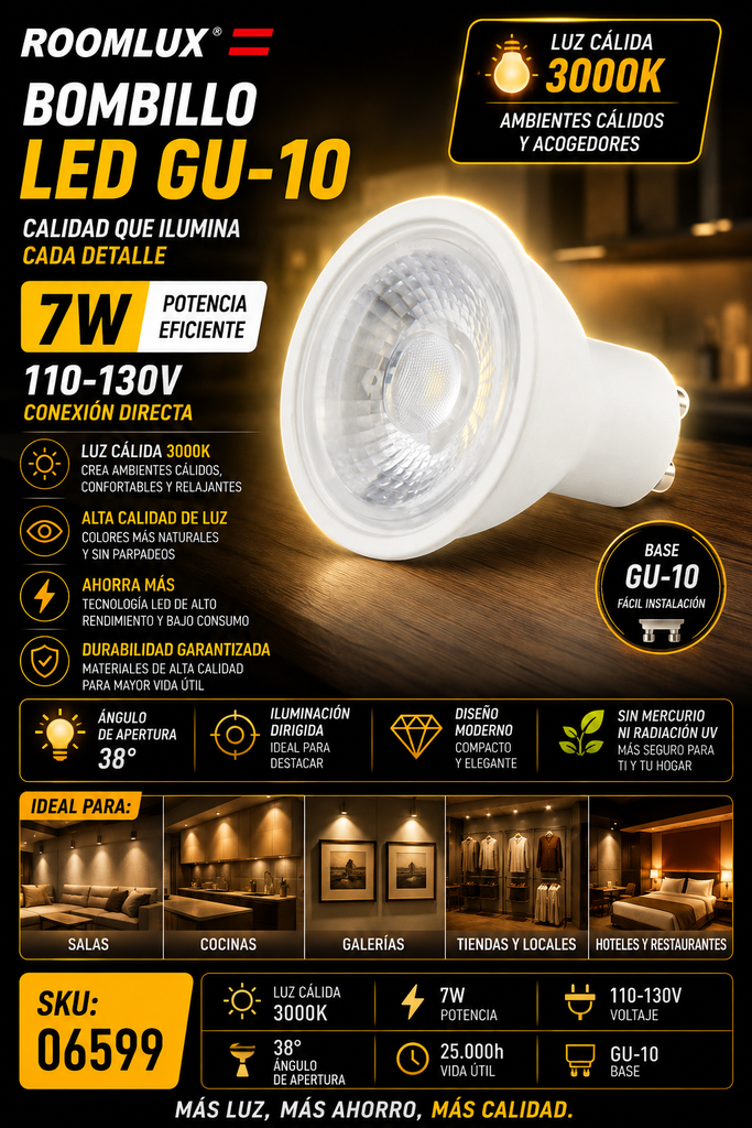 Bombillo 3000k 7w  GU-10 110-130V B05520 ROOMLUX