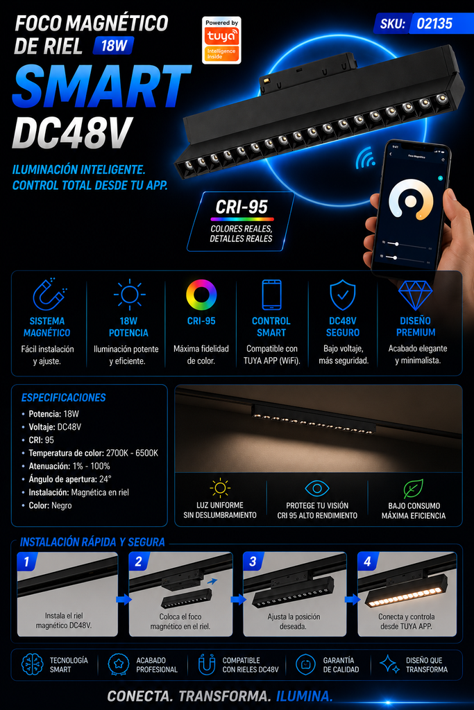 Foco Magnético de Riel 18W SMART DC48V CRI-95 TUYA APP