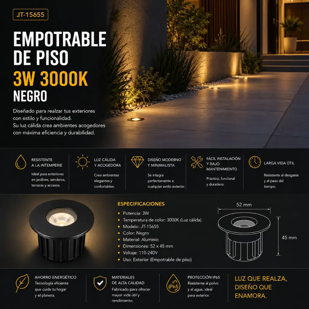 Empotrable de piso 3w JT-15655 negro 1200k  52*45 mm aluminio 110-240V