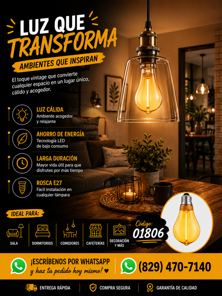 Bombillo 2w 1800k E-27 BY-A60OFA Vintage A60 Ambar 110V-130V