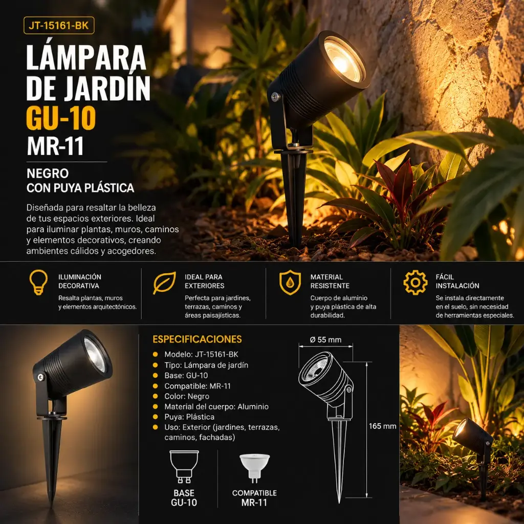 Lampara de jardín GU-10 JT-15161-BK MR-11 negro de aluminio con puya plástica