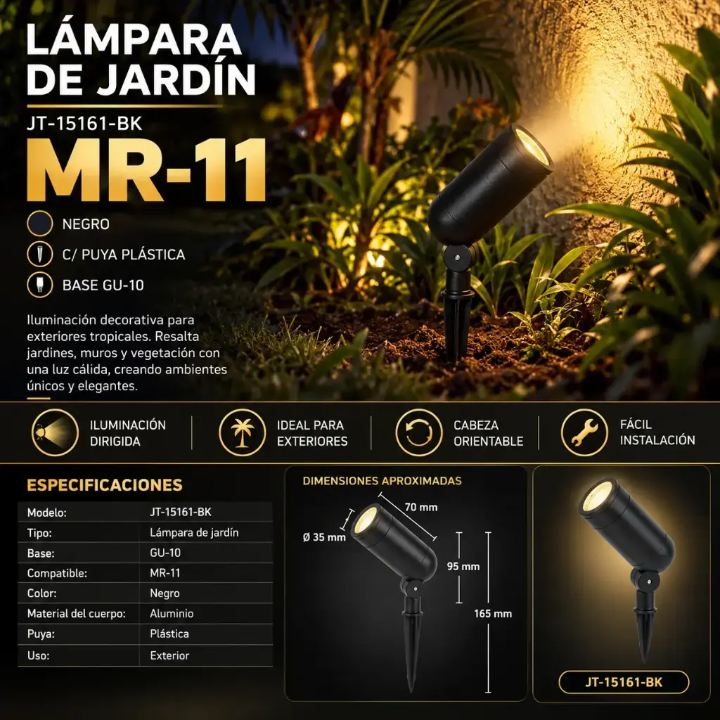 Lampara de jardín GU-10 JT-15106-BK MR-11 negro C/PUYA