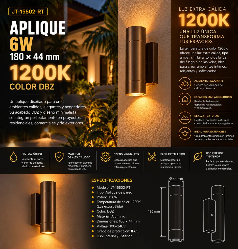 Aplique 6w 1200k JT-15502-RT DBZ 180*44 1200k Aluminio IP65 100-240V