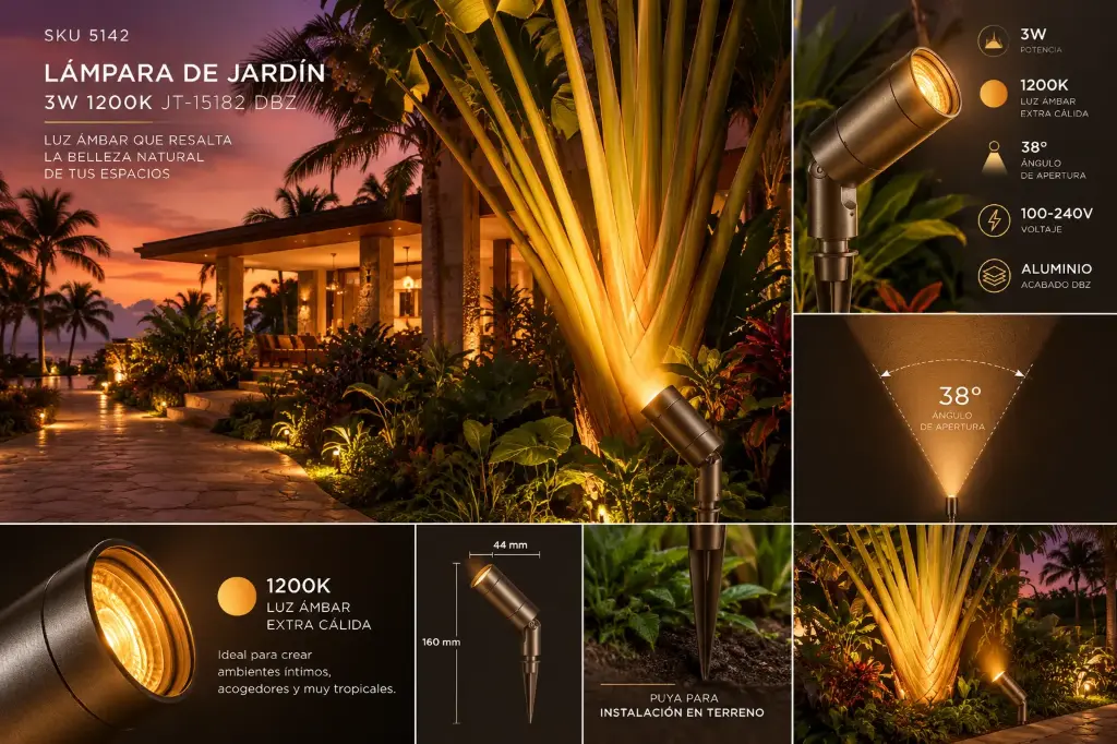 Lampara de jardin 3W 1200K JT-15182 DBZ 44 mm * 160 mm Aluminio c/puya 100-240V 38º 