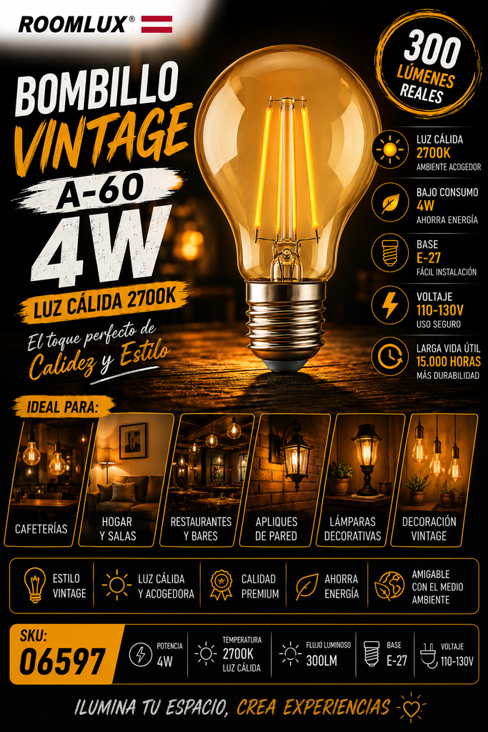 Bombillo 4w 2700k E-27 B70159 Vintage A-60 Ámbar 110-130V ROOMLUX