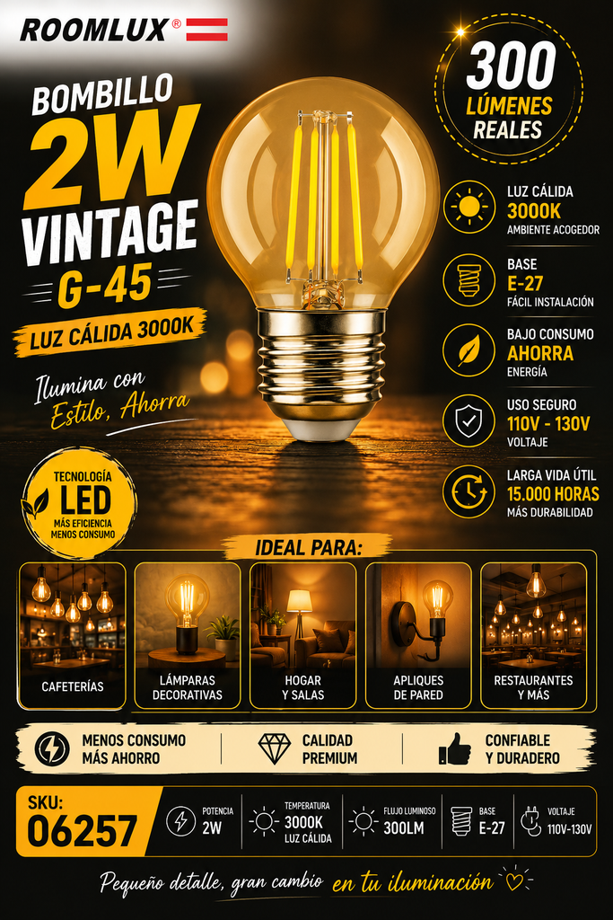Bombillo 2w 3000k E-27 B17300 Vintage G-45 110V-130V ROOMLUX
