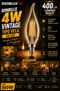 Bombillo 4w 3000k E-12 B70102 Vintage T/Vela CA-45T 400LM 110V-130V ROOMLUX