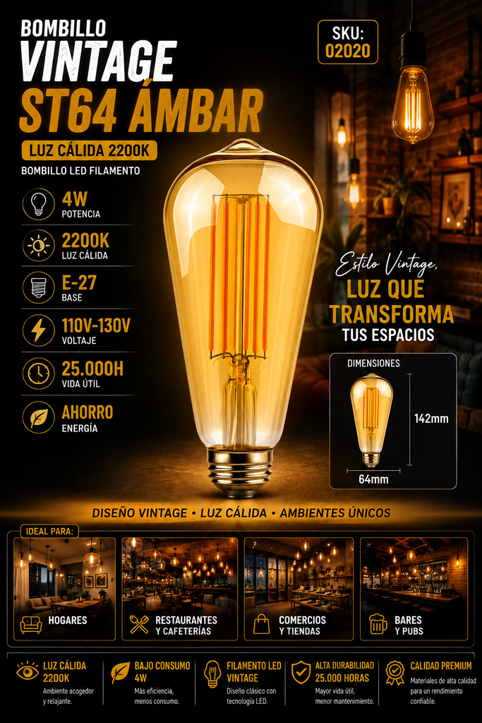 Bombillo 4w 2200k E-27 B70270 Vintage ST64 Ámbar 110V-130V