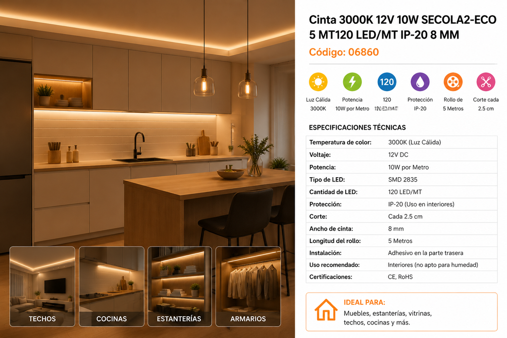 Cinta 3000K 12V 10W SECOLA2-ECO 5 MT 120 LED/MT IP-20 8 MM