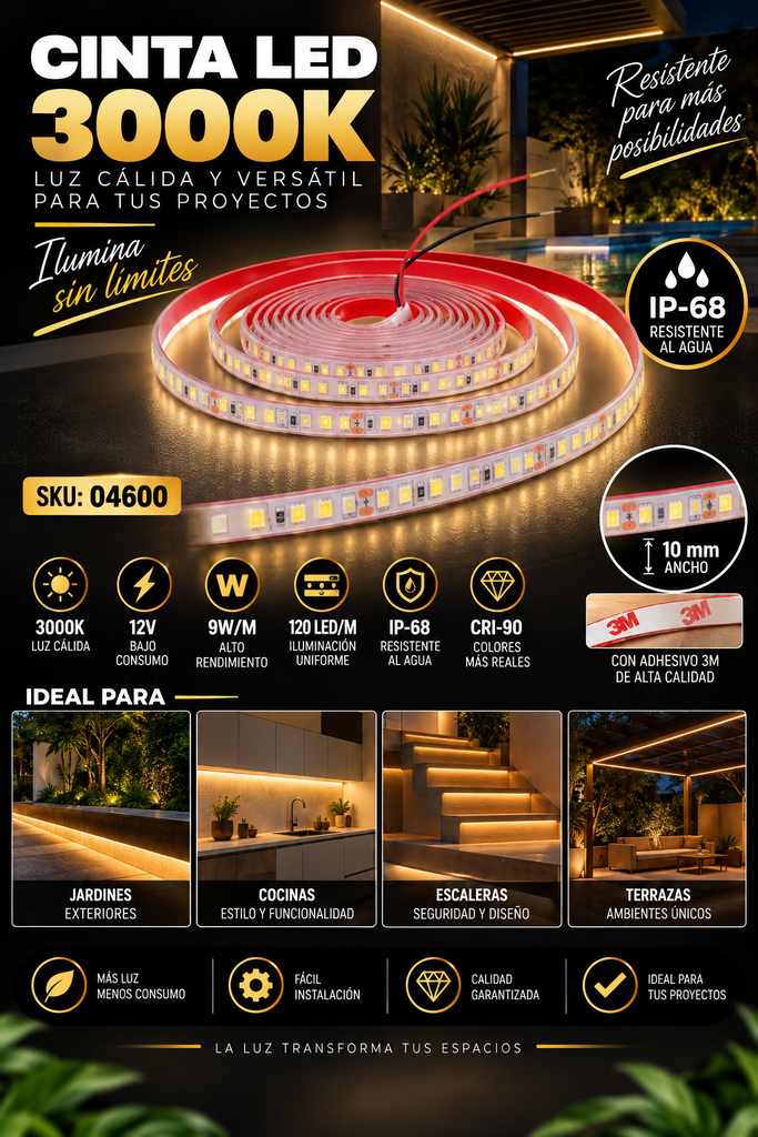 Cinta 3000K 12V 9W/M SWW120F410W12-2835 5 MT 10 mm CRI-90 120 LED/MT IP-68 3M Rojo