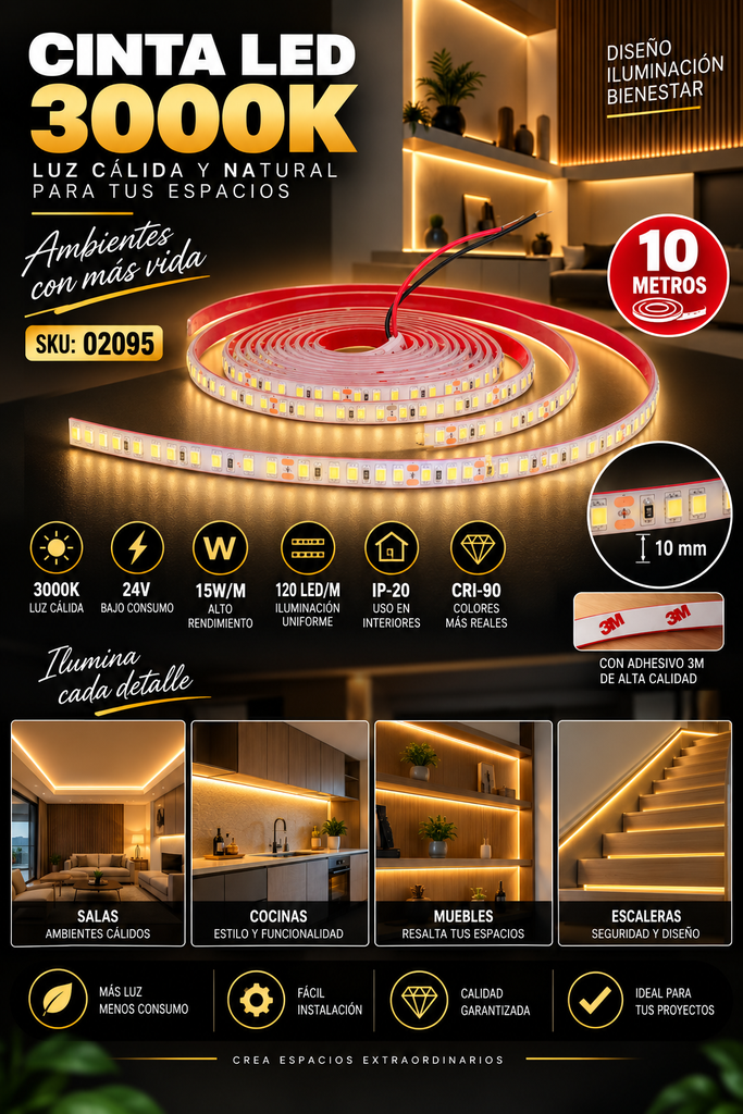 Cinta 3000K 24V 15W/M SWW120F010W24-2835 10MT 10 mm CRI-90 120 LED/MT IP-20 3M Rojo