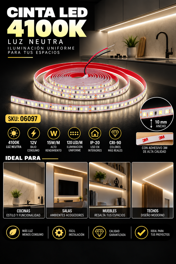 Cinta 4100K 12V 15W/M SWW120F10W12-2835 5 MT 10 mm CRI-90 120 LED/MT IP-20 3M Rojo