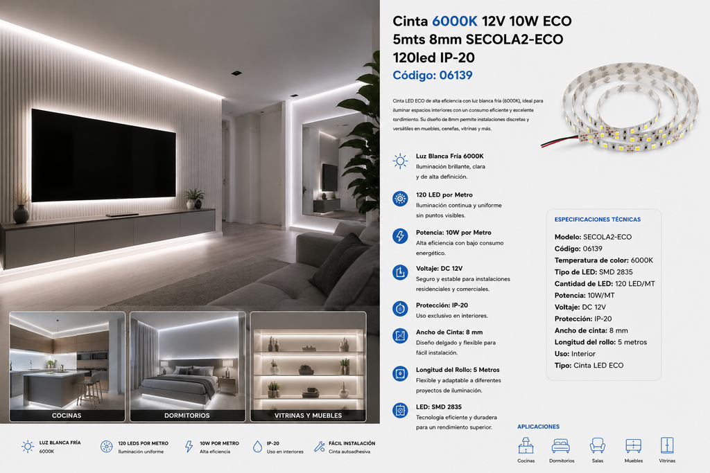 Cinta 6000K 12V 10W ECO 5mts 8mm SECOLA2-ECO 120led IP-20
