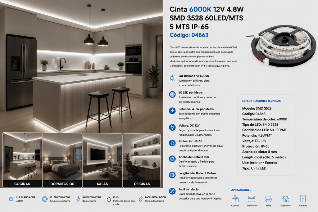 Cinta 6000K 12V 4.8W SMD 3528 60LED/MTS 5 MTS IP-65