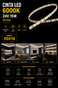 Cinta 6000K 24V 15W 10mts SECOLA1 SMD 2835 120 LED/MTS IP-20 3m Rojo CRI-90