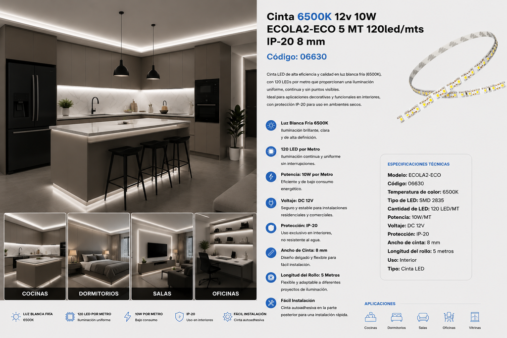 Cinta 6500K 12v 10WECOLA2-ECO 5 MT 120 LED/MTS IP-20 8 mm