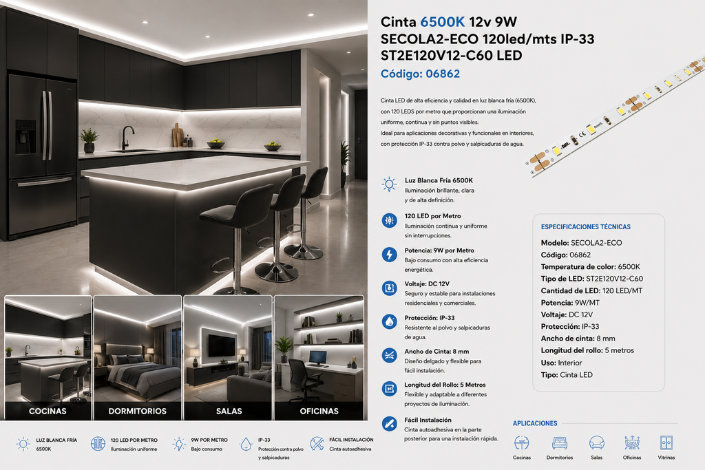 Cinta 6500K 12v 9W SECOLA2-ECO 120led/mts IP-33 ST2E120V12-C60 LED