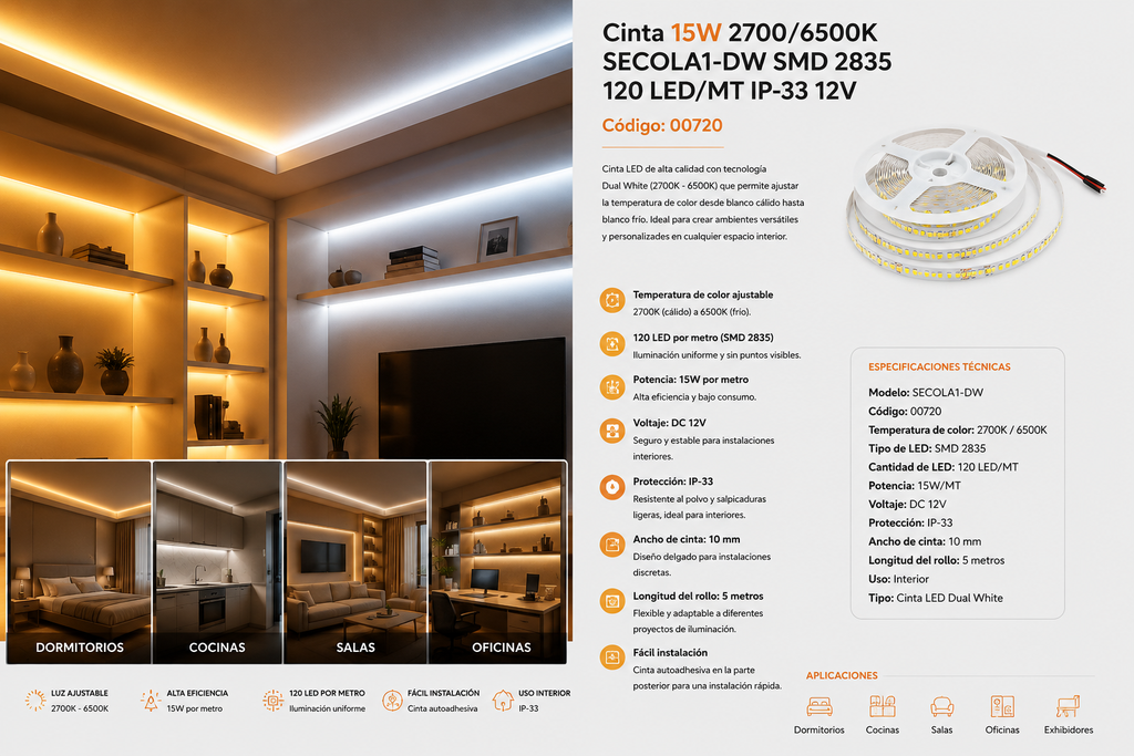 Cinta 15W 2700/6500K SECOLA1-DW SMD 2835 120 LED/MT IP-33 12V