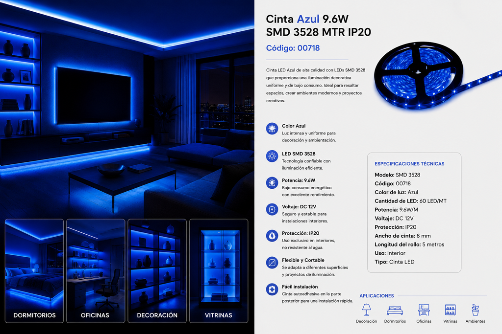 Cinta Azul 9.6W SMD 3528 MTR IP20