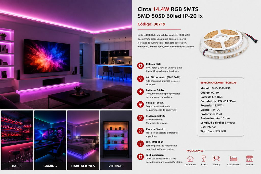 Cinta 14.4W RGB 5MTS SMD 5050 60 LED IP-20 lx