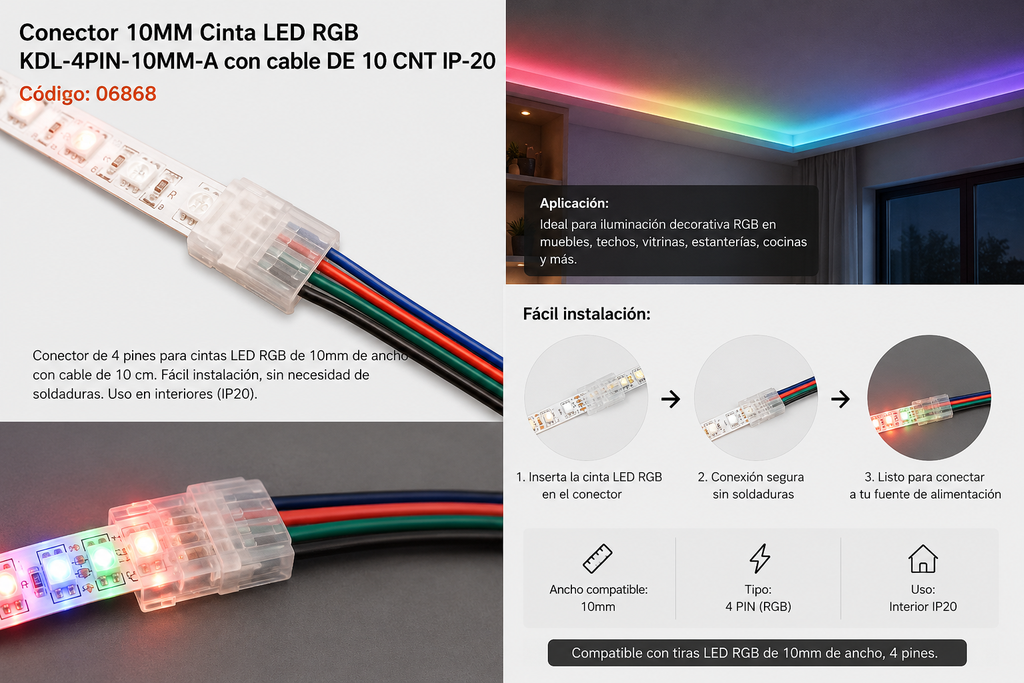 Conector 10MM Cinta LED RGB KDL-4PIN-10MM-A con Cable DE 10 CNT IP-20
