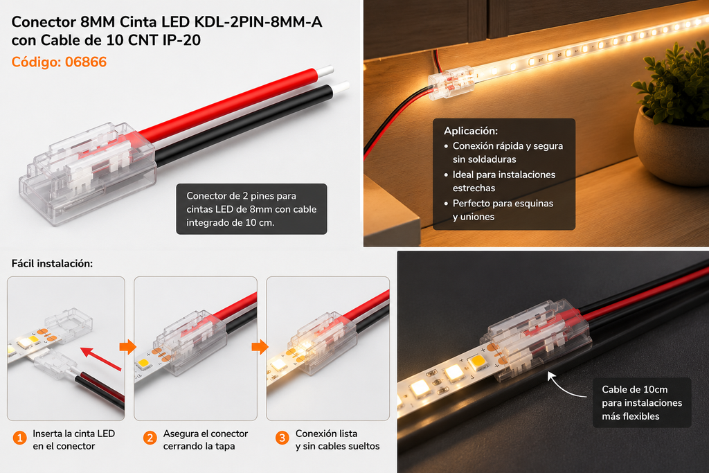 Conector 8MM Cinta LED KDL-2PIN-8MM-A con Cable de 10 CNT IP-20