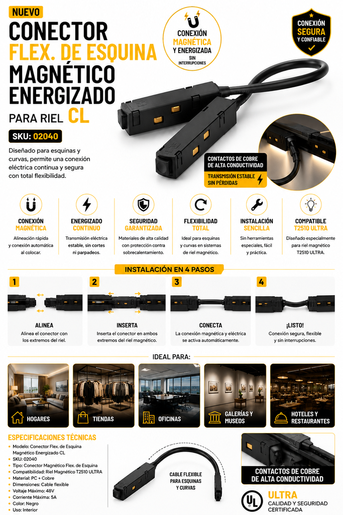 Conector Flex. de Esquina Magnético Energizado para Riel CL