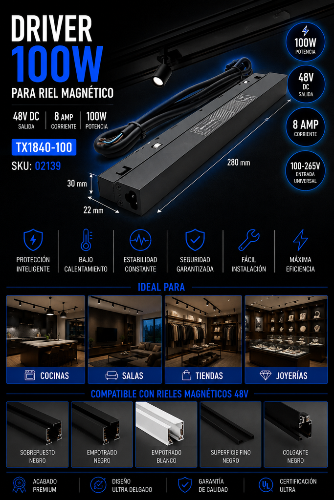 Driver 100W 48V TX1840-100 P/ Riel Magnético 8 amp